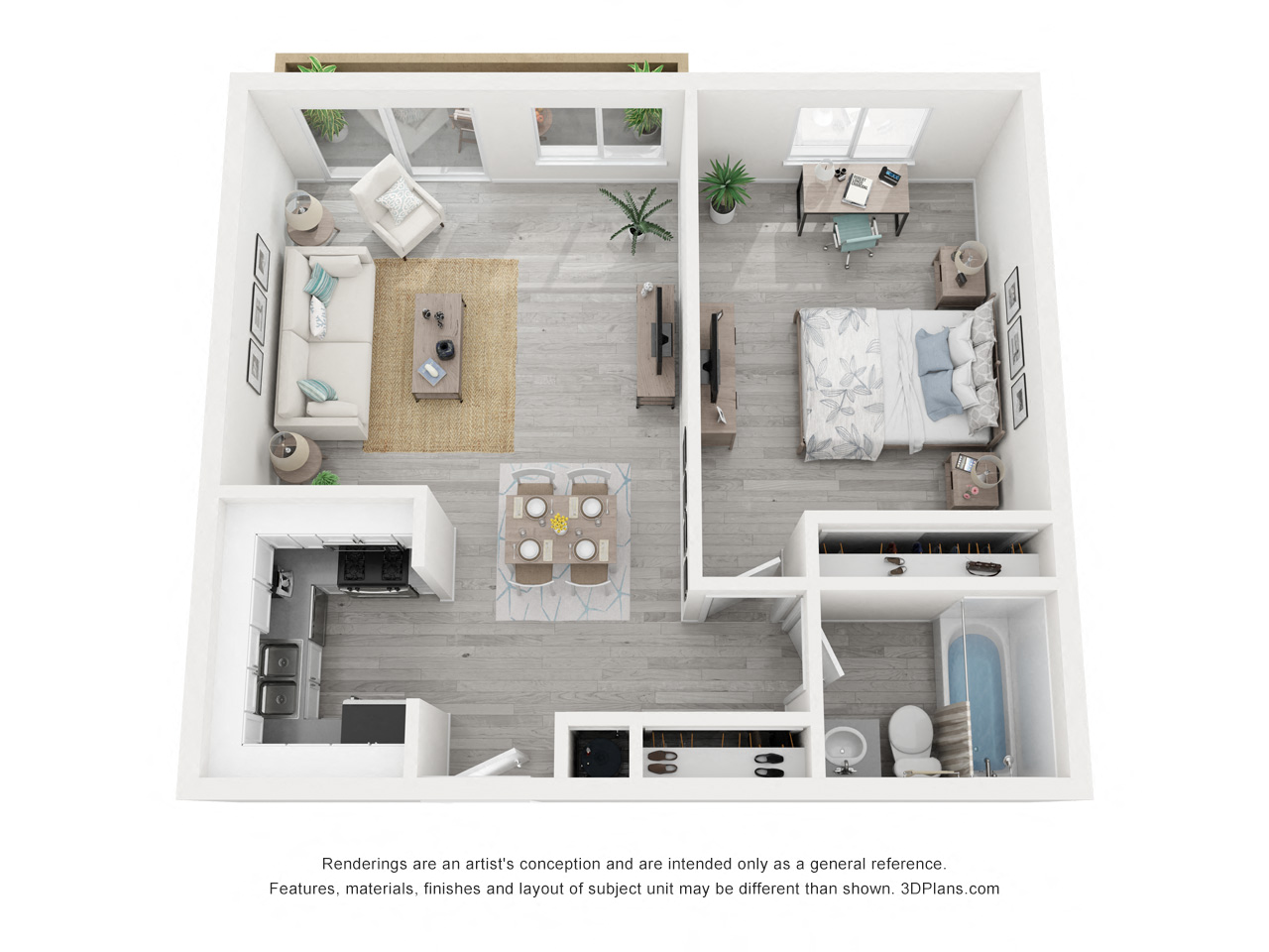 Floor plan for 1 bed, 1 bath, 690 sqft